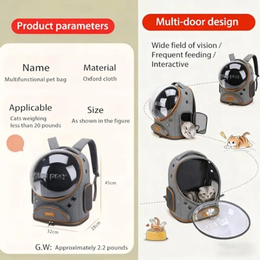 Cat Backpack Carrier Breathable Large Space Transparent Foldable Pet Backpack for Small Dog and Large Cat up to 18lbs Grey