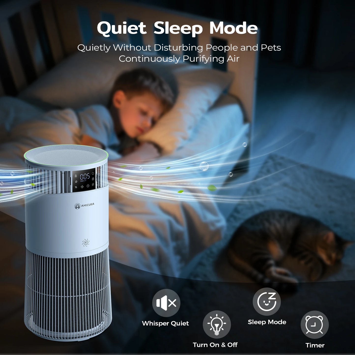 Amicura P2 Air Purifier for Pet Allergy Sufferers 843 m³/h Pet Hair Removal 450 CADR 99% Odour Neutralisation H13 Filter Against