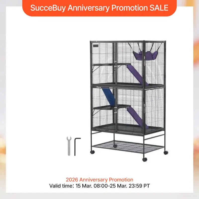 SucceBuy 64.6" Rolling Metal Ferret Cage Large 4-Tier Critter Nation Cage Small Animal Cage for Pet Rats Hamster Guinea