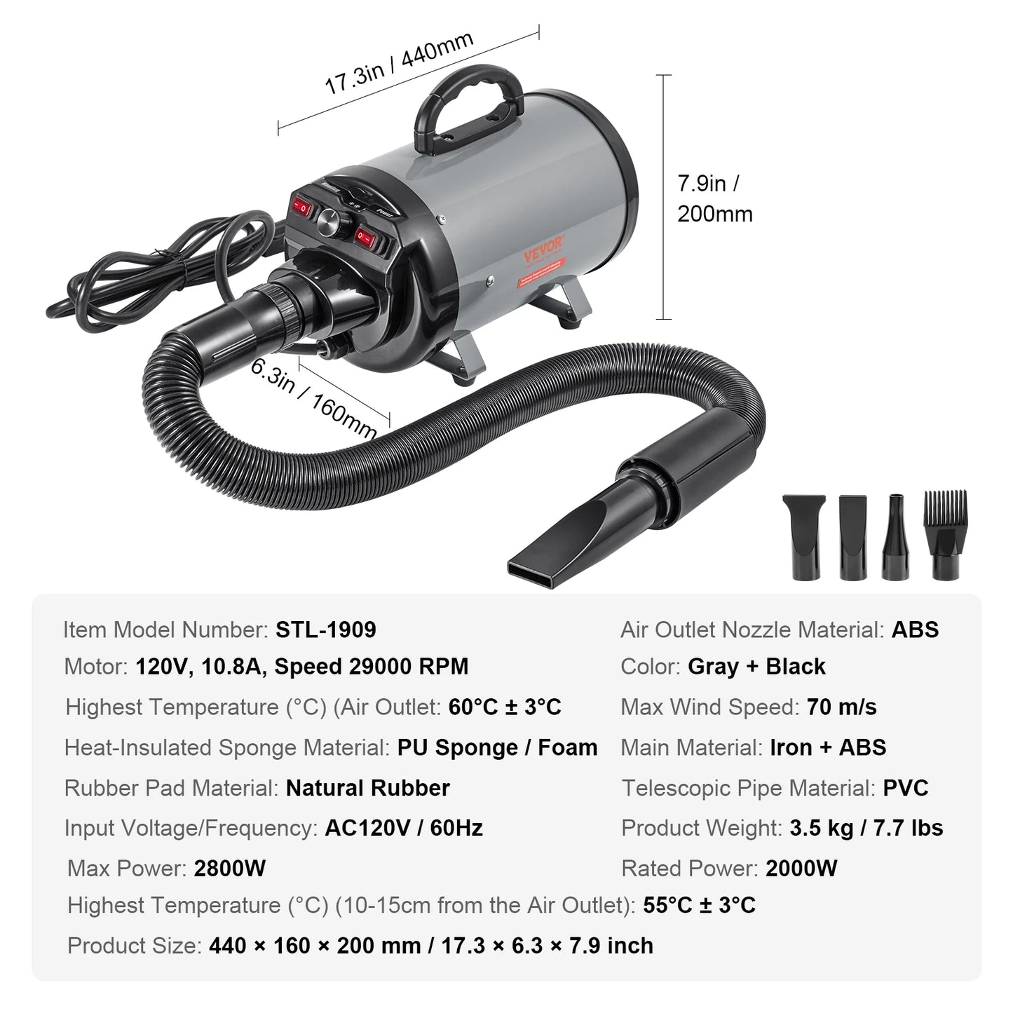 SucceBuy 2000W/2.7HP Dog Blow Dryer Adjustable Speed Temperature Control with 4 Nozzle and Extendable Hose for Pet Hair Grooming