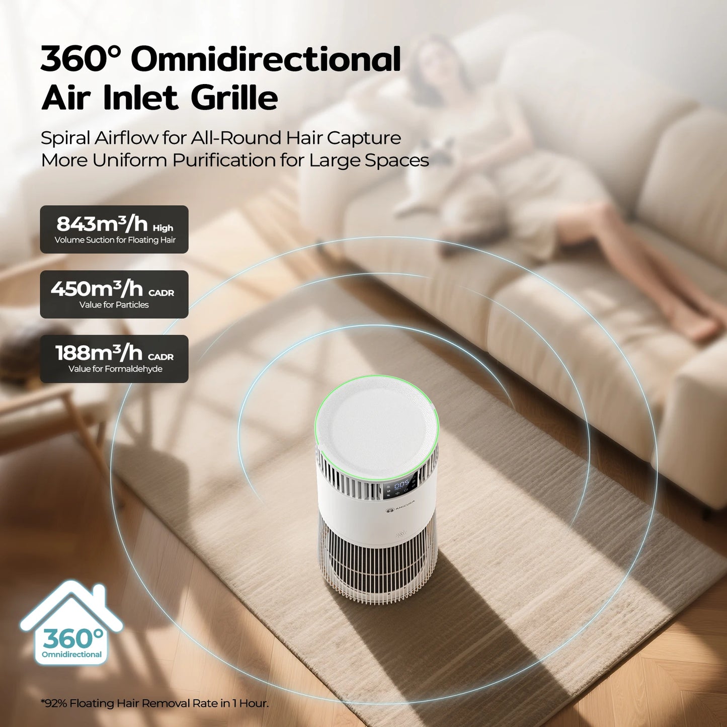 Amicura P2 Air Purifier for Pet Allergy Sufferers 843 m³/h Pet Hair Removal 450 CADR 99% Odour Neutralisation H13 Filter Against