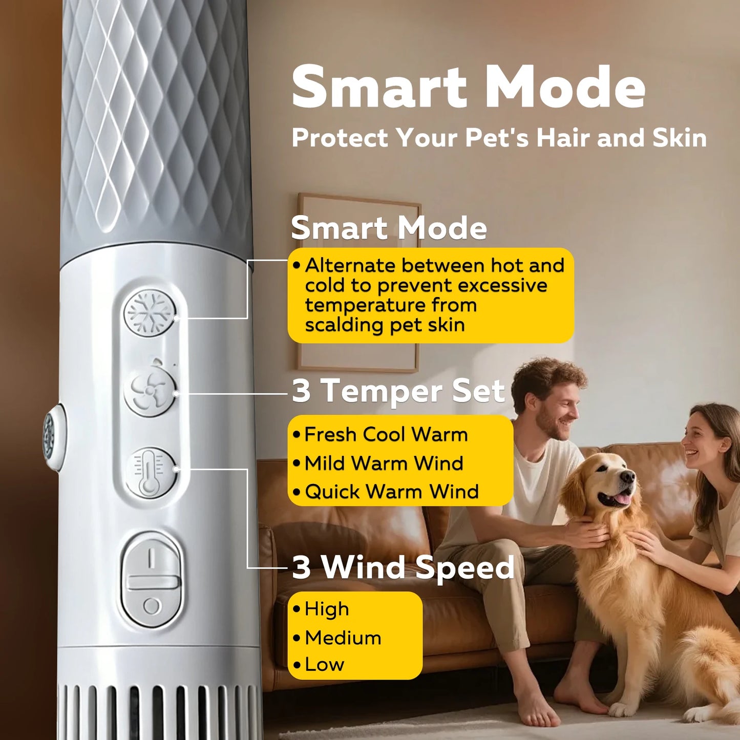 Portable Pet Hair Dryer Dog Grooming Blower -High Velocity Quiet Lightweight 1.2lbs with 3 Speeds for Home Travel Grooming