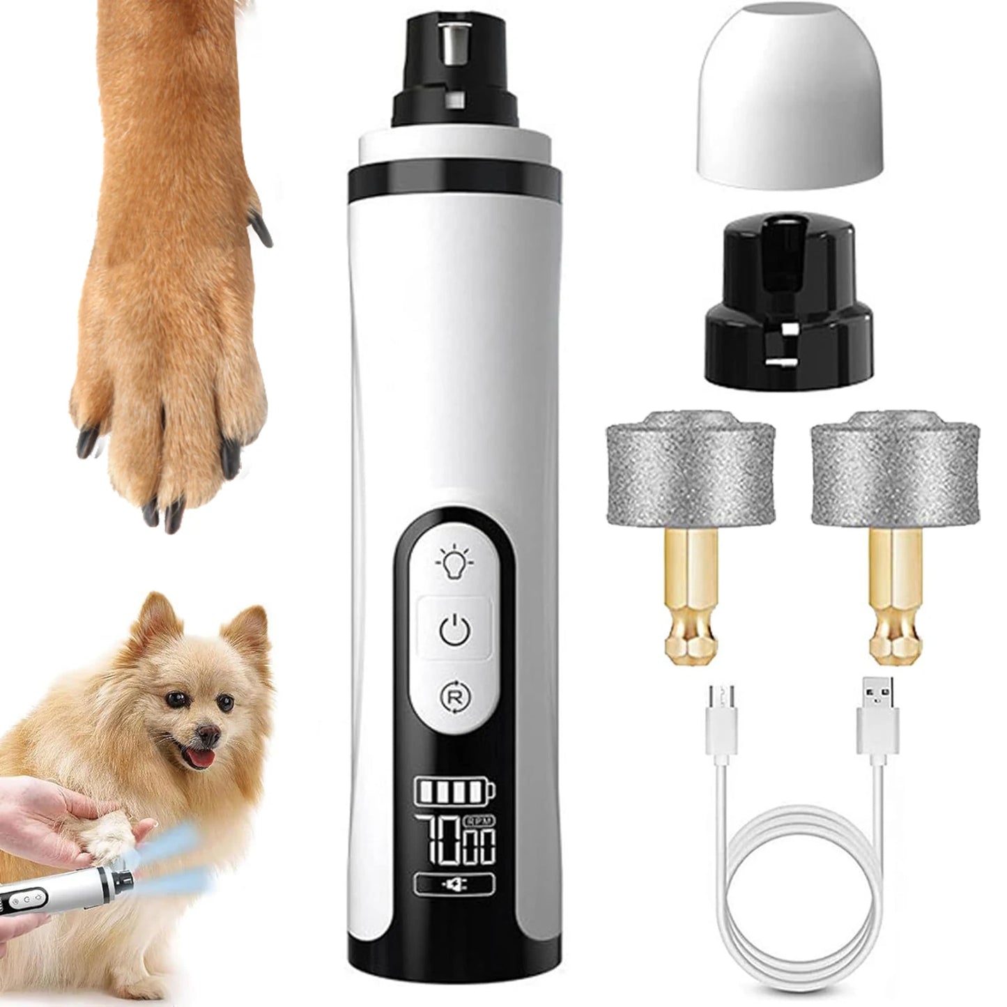 Electric Dog Nail Grinder Rechargeable Dog Nail Trimmer with 2 LED Lights Cat Nail Grinder for Small Medium Large Dogs Cats